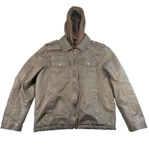 GUESS Men's M‎ Distressed Brown Faux Leather Hooded Faux Fur Lined Jacket